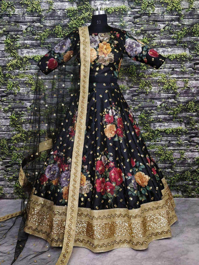 Black Floral Digital Printed Art Silk Bridal Lehenga Choli